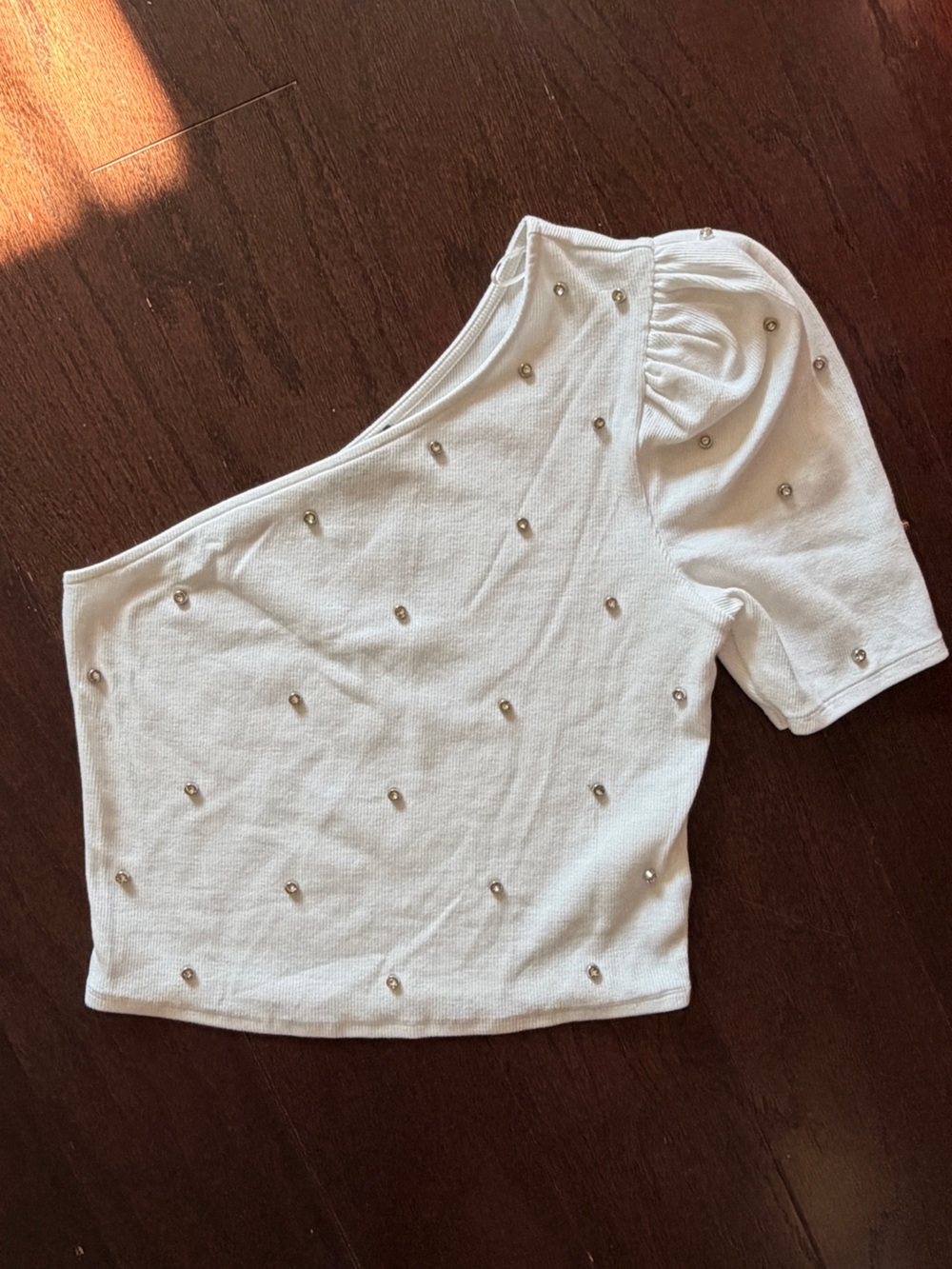 Express White Rhinestone Ribbed One Shoulder Puff Sleeve Top M - Picture 6 of 6